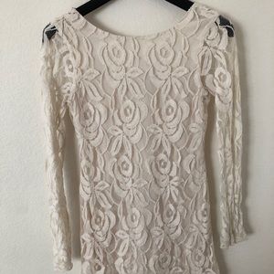 Cream Floral Lace Body Con Long Sleeve Dress